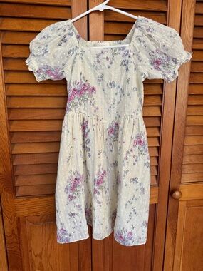 Girls' Cream Floral Puff-Sleeve Dress